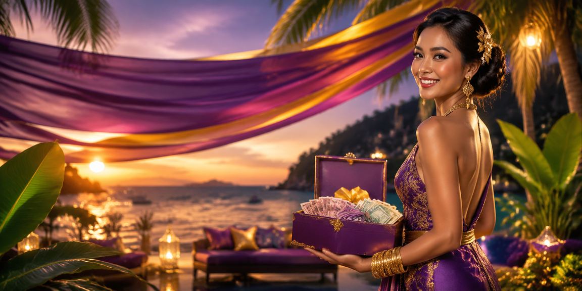Pengumuman cashback dan bonus menarik dengan latar belakang pantai yang indah